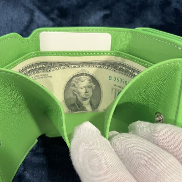 BALENCIAGA Mini Cash Trifold Wallet Green Pink Logo Grained Calf Leather NWT - Picture 5 of 10